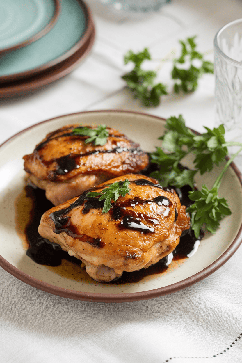 An indoor dining table showing a ceramic plate with two cooked, golden chicken thighs glazed in balsamic reduction and sprinkled with fresh parsley—no logos or text