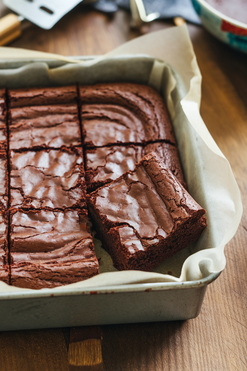 An indoor kitchen table scene with a parchment-lined pan of fudgy chocolate brownies cut into squares, one brownie propped on its side to show the dense, moist crumb. No text or logos.
