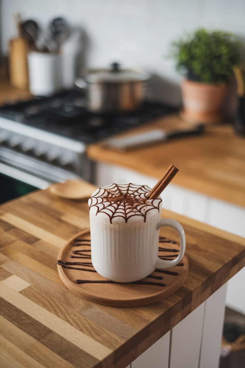 Indoor kitchen island with a white mug of creamy cocoa, dark chocolate drizzle forming an intricate spiderweb across the milk froth. No logos or text. Photo, not illustration.