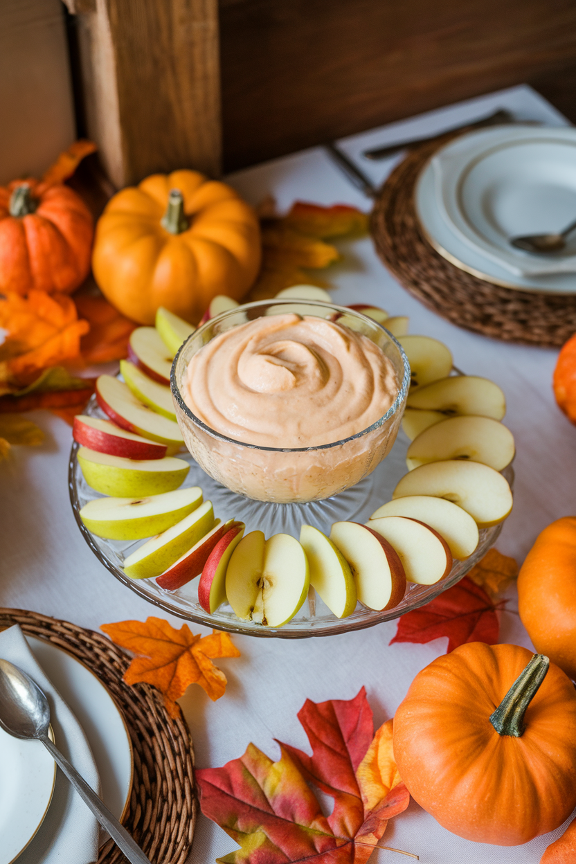 An indoor fall dessert table showing a glass bowl of light orange pumpkin yogurt dip, apple and pear slices arranged around. Photo, no text or logos.