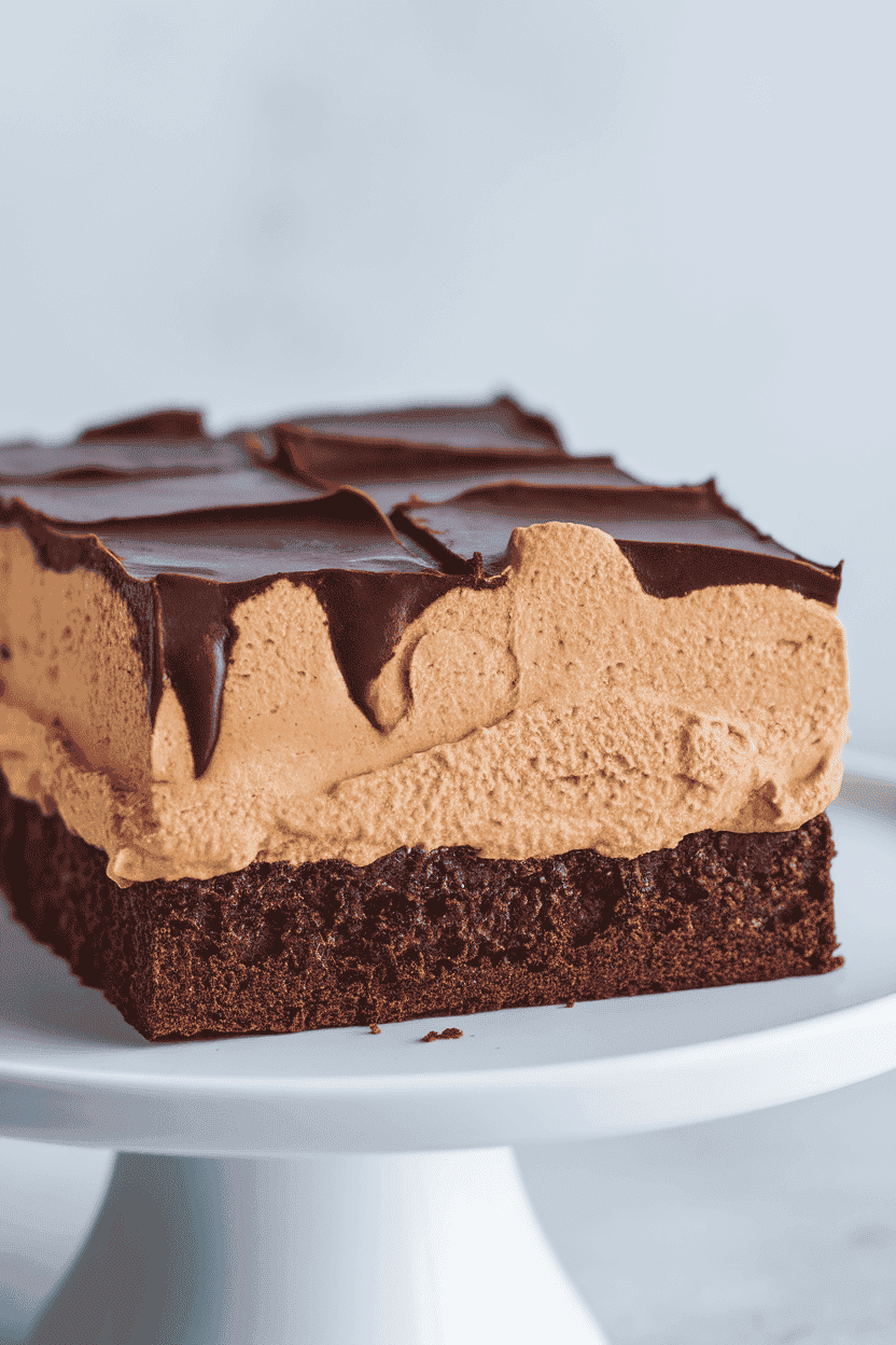 An indoor cake stand with a slice showing a dense brownie base topped by fluffy peanut butter mousse and chocolate ganache. No text or logos. Photo.