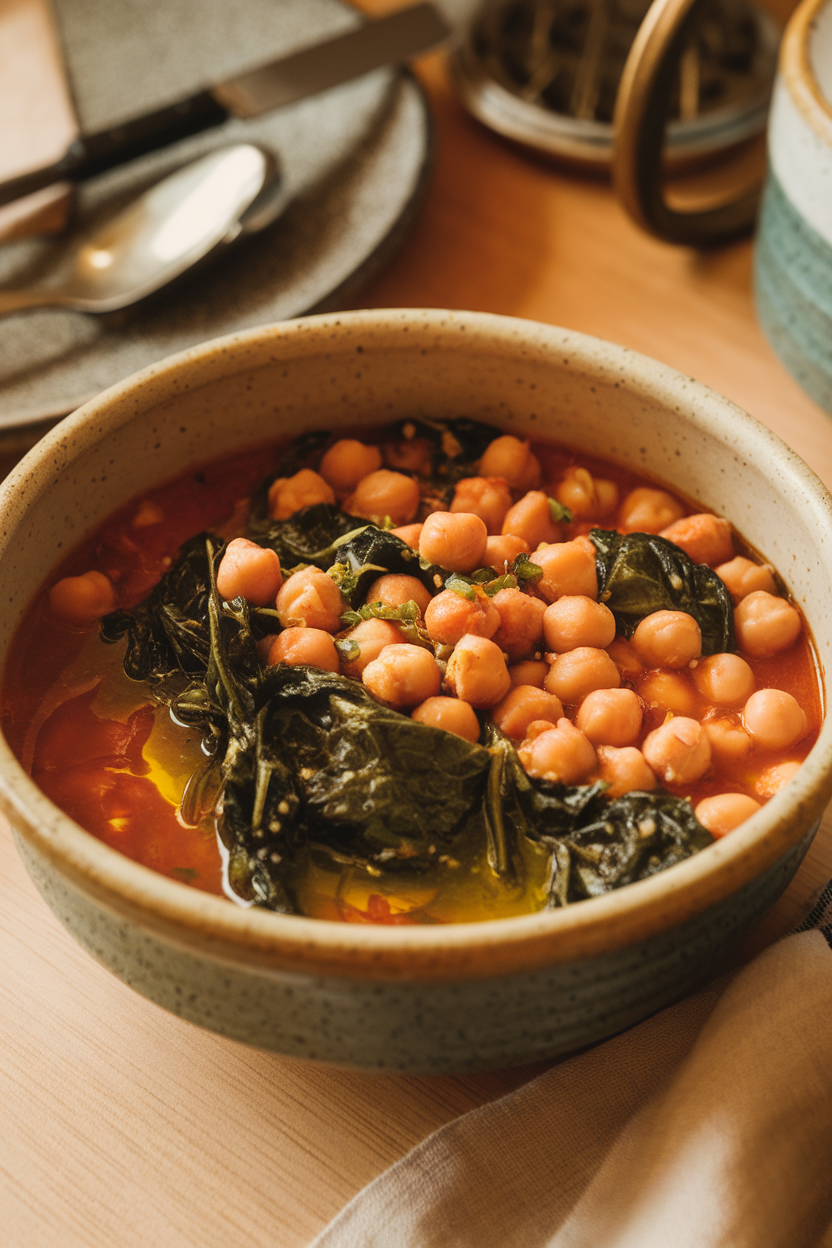 A ceramic bowl on an indoor dining table brimming with chickpeas and wilted spinach in a tomato-herb broth, topped with a drizzle of olive oil. No text or logos.