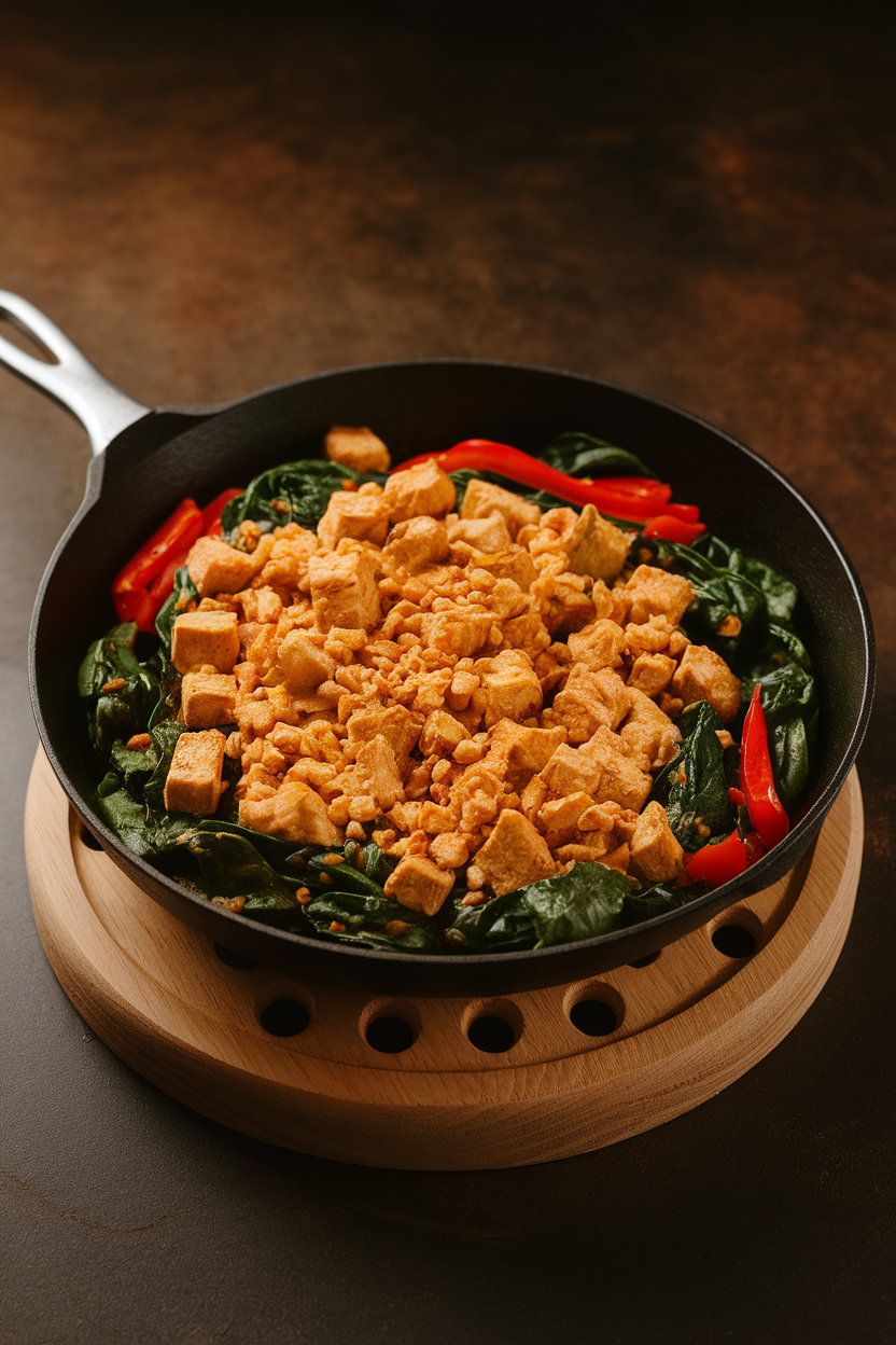 A warmly lit indoor skillet filled with golden crumbled tofu, sautéed spinach, and red bell peppers, placed on a wooden trivet. No text or logos present.