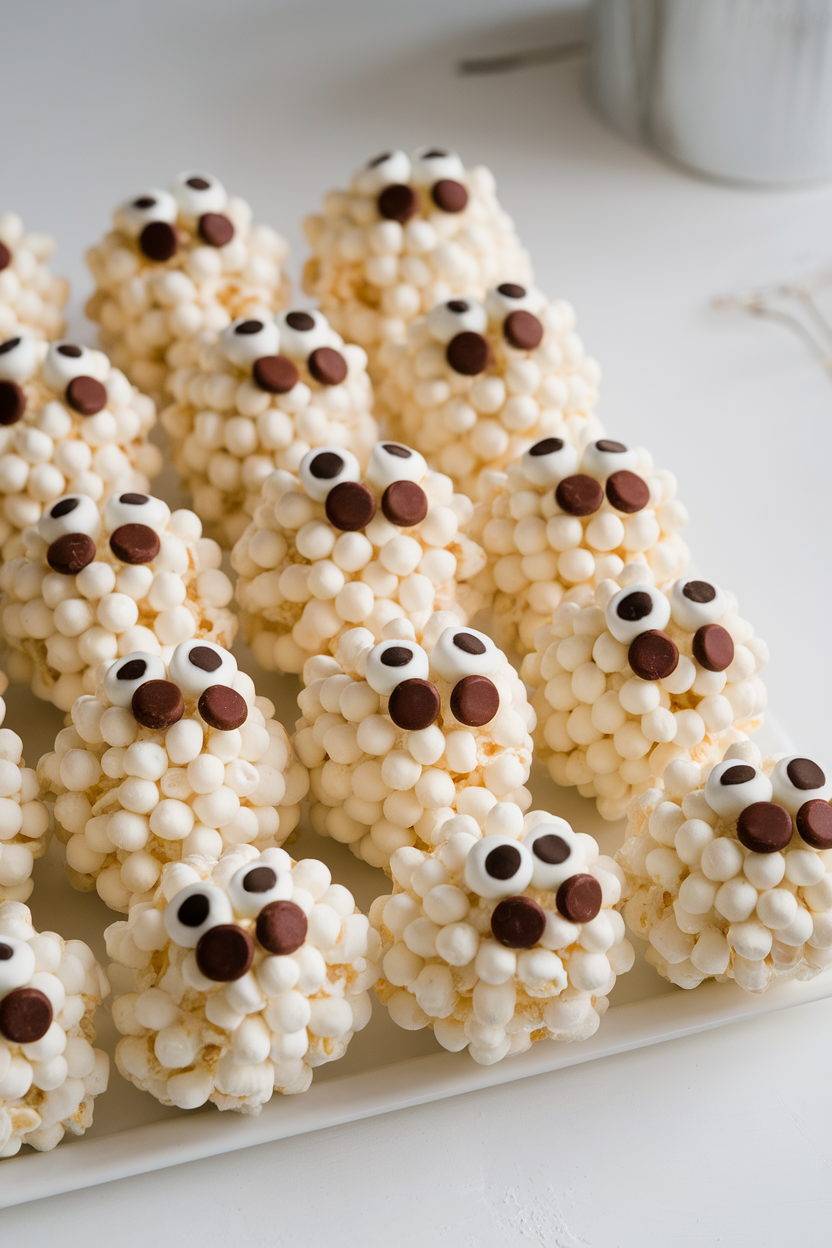 Indoor table with marshmallow popcorn balls wrapped in white candy coating and dotted with mini chocolate chip eyes. Photo, no text or logos.