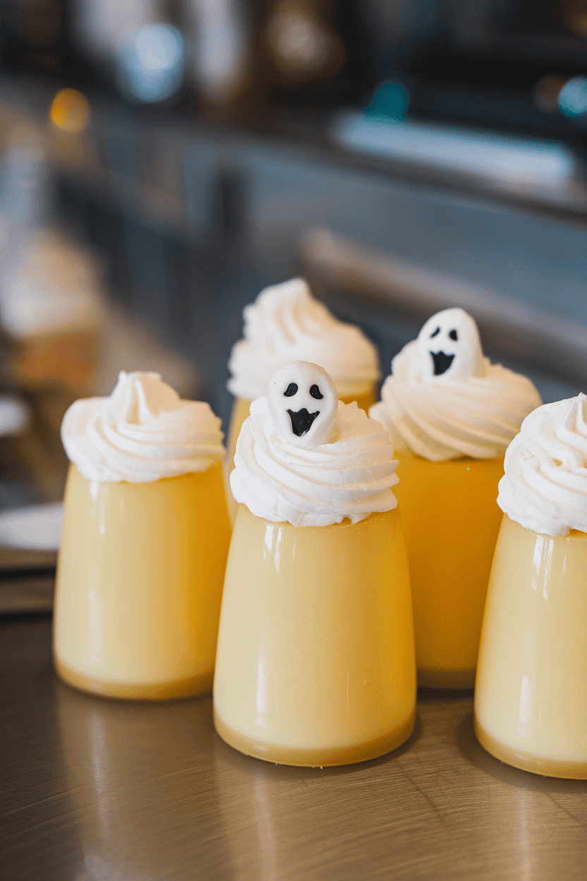 Indoor counter with pale yellow banana cream jello shots topped with a ghost-shaped swirl of whipped cream, no branding in frame