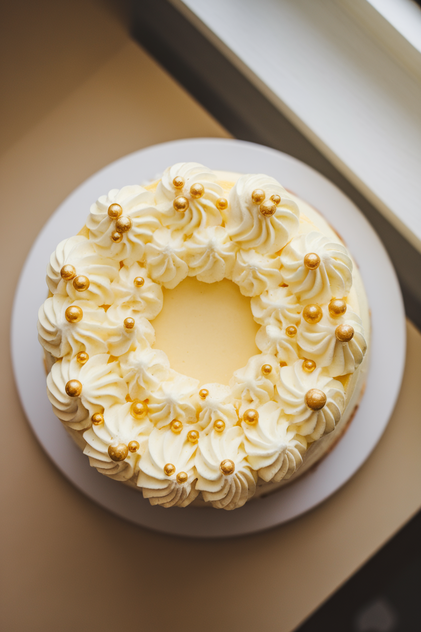 A light lemon chiffon cake indoors, frosted with whipped lemon frosting and dotted with small gold sugar pearls, photographed from above. Photo only, no text or logos.