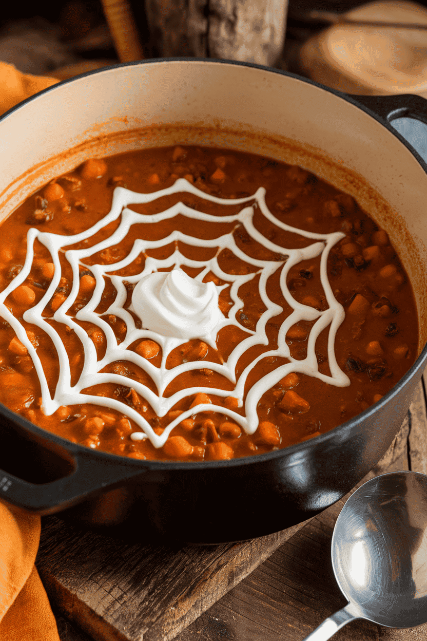 Indoor dutch oven of hearty pumpkin chili garnished with sour cream spiderweb, ladle resting nearby. No text or logos.