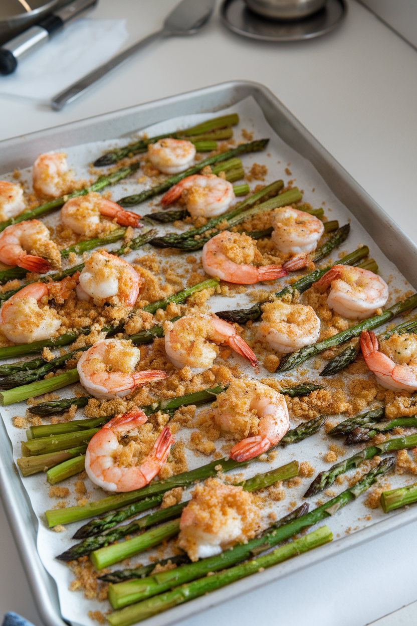 A sheet pan on an indoor counter lined with roasted shrimp and asparagus tips coated in garlic Parmesan crumbs. No logos or text, photo only.
