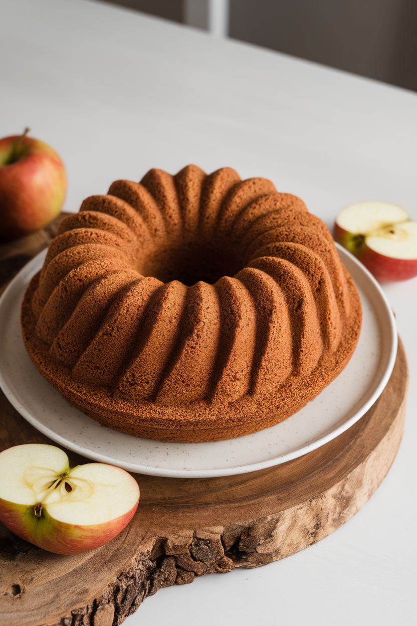 Indoor photo of a Bundt cake coated in cinnamon-sugar, slices of fresh apple nearby. No text or logos.