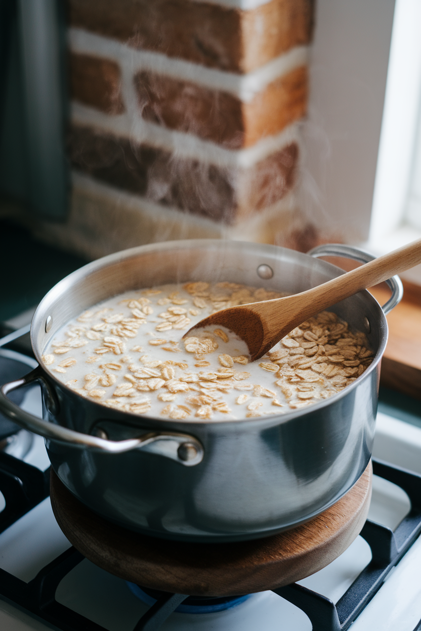 Indoor photo of a steaming pot of rolled oats on the stove with a wooden spoon; no text or logos