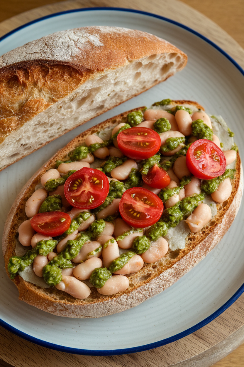 Indoor plate with rustic bread smeared with smashed cannellini beans, a drizzle of pesto, and cherry tomato halves. No text or logos.