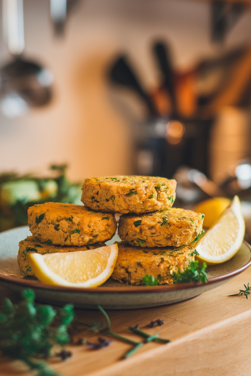 Indoor photo of golden tuna cakes flecked with herbs, stacked with lemon wedges on a plate. No logos.