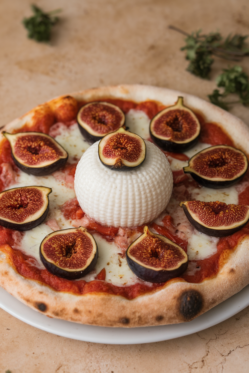 Indoor plate with a round fig-topped pizza and a central white cheese sphere resembling a crystal ball. Photo only, no text or logos.