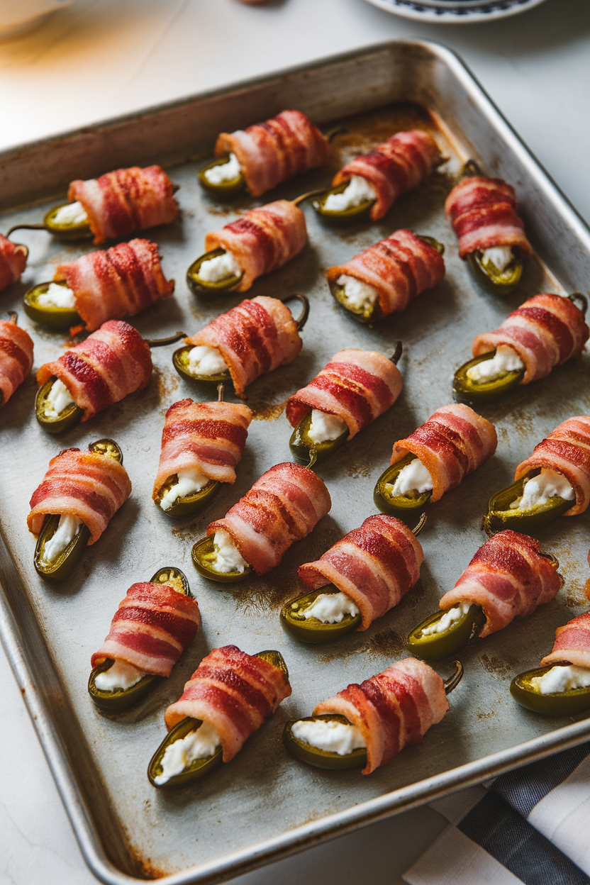 Indoor baking sheet with bacon-wrapped jalapeño poppers, cream cheese oozing, arranged in the shape of tiny ghosts. No text or logos.