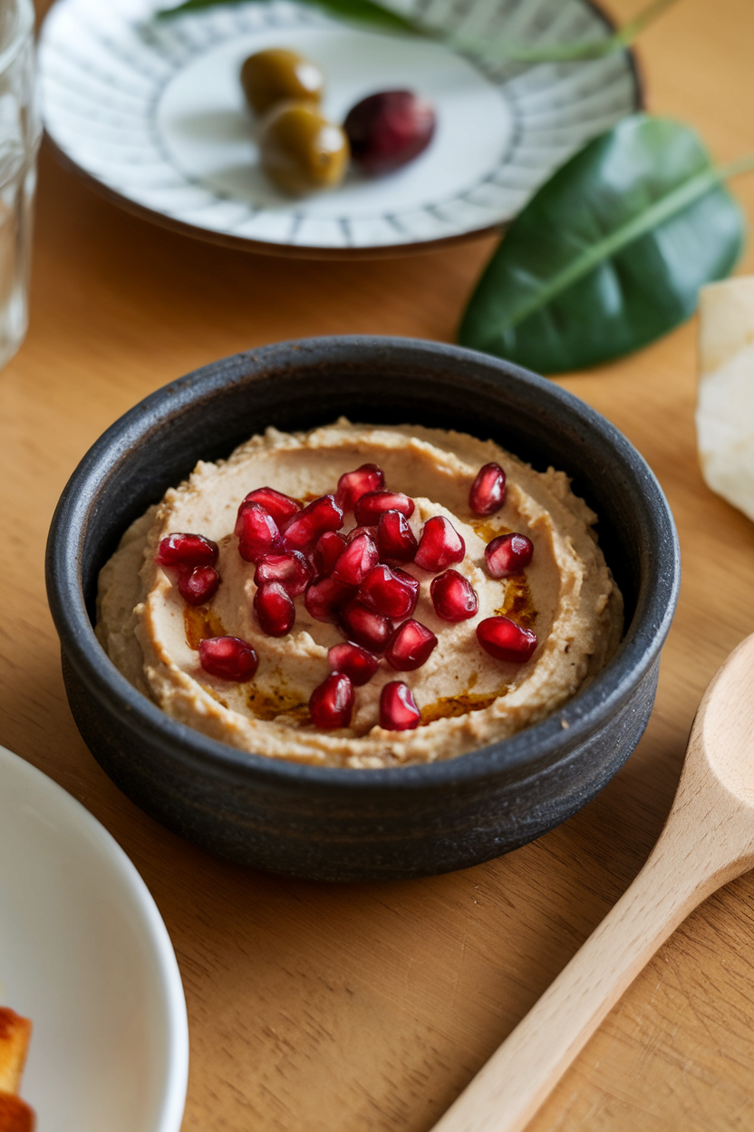 An indoor dining table displaying a dark gray ceramic bowl of smoky baba ghanoush with pomegranate arils scattered on top. Photo, no text or logos.
