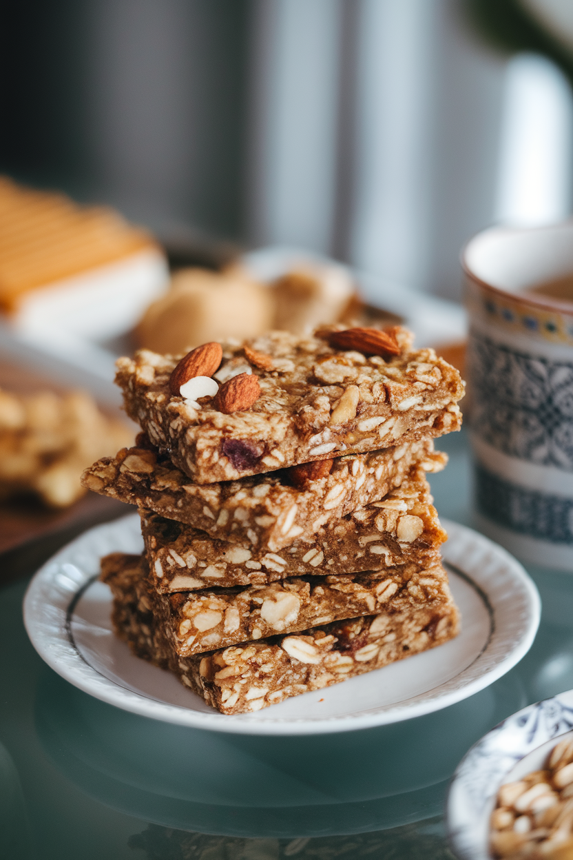 Photo of a stack of homemade granola bars with visible almonds and oats on an indoor snack table. No text or logos.