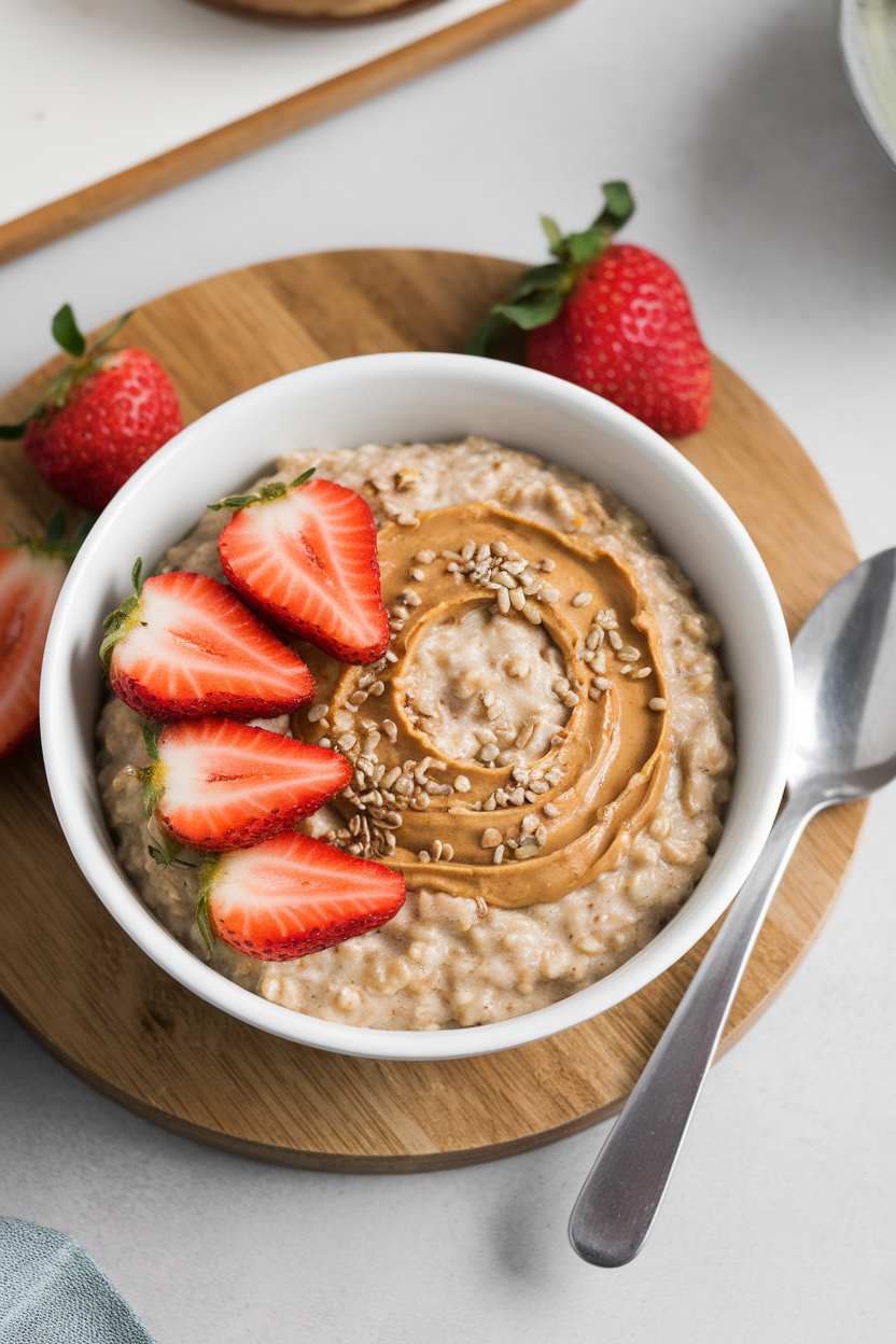 An indoor breakfast scene showing a bowl of creamy oatmeal swirled with peanut butter and sprinkled with hemp seeds and sliced strawberries. No logos or text; photo only.