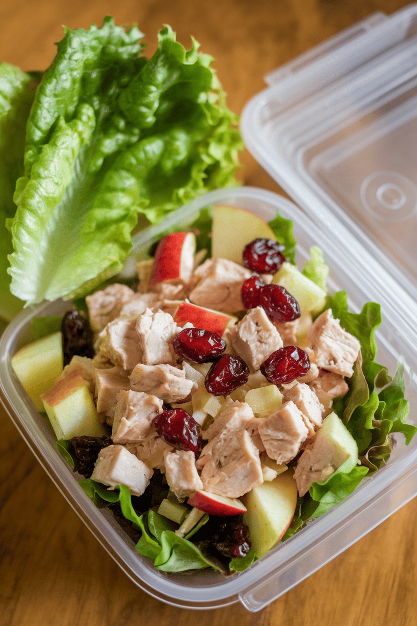 Indoor lunchbox containing diced chicken salad with cranberries and apple chunks, lettuce leaves on side, no logos
