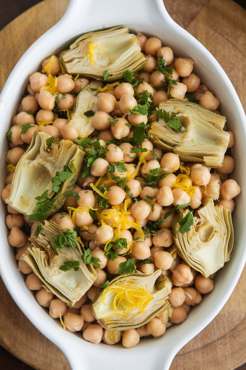 Indoor photo of a white serving dish filled with chickpeas, marinated artichoke hearts, chopped parsley, and lemon zest, lightly dressed with olive oil. Overhead view, no text or logos.