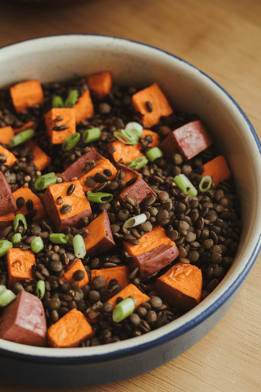 Warm indoor photo of cubed roasted sweet potatoes and black lentils in a ceramic dish, sprinkled with scallions and cumin seeds—no text or logos.