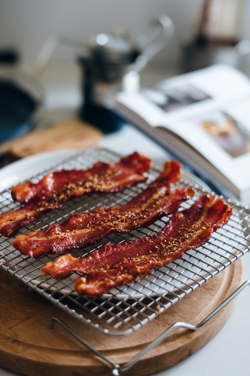 Indoor photo of crispy bacon strips glazed with maple syrup and pepper on a wire rack; no text or logos.