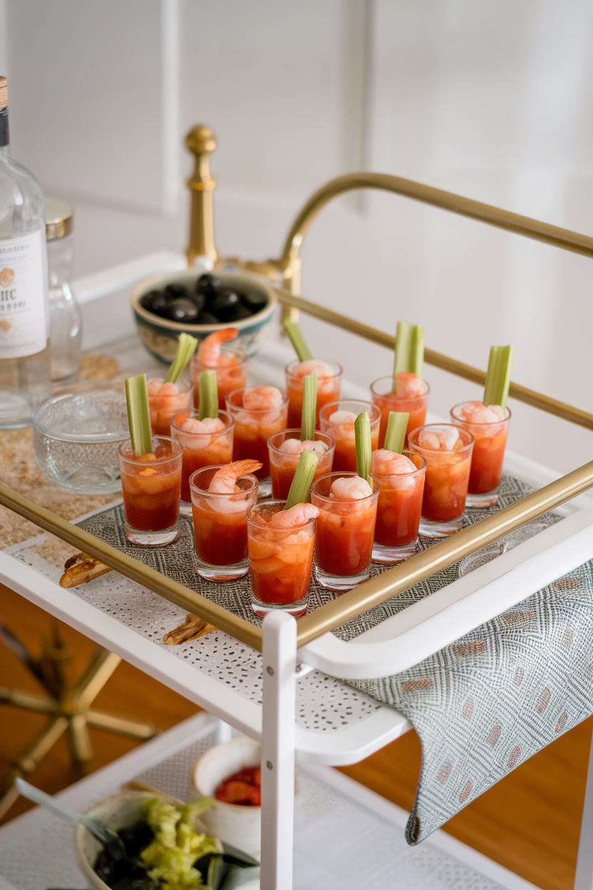 Indoor bar cart with shot glasses of tomato-based cocktail mix, each topped with a cooked shrimp and celery stick. Photo, no text or logos.