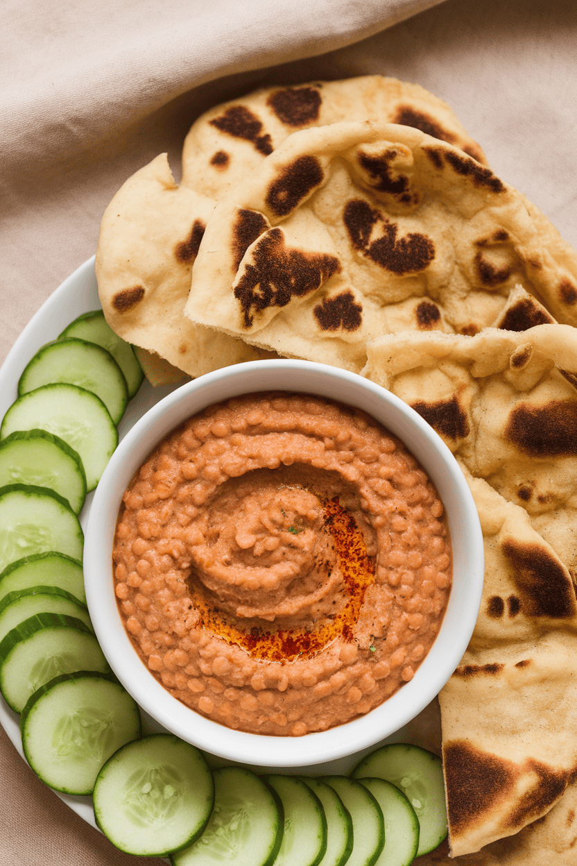 Indoor tabletop image showing a smooth red lentil dip with harissa, crisp cucumber rounds, and baked naan chips; no text or logos.