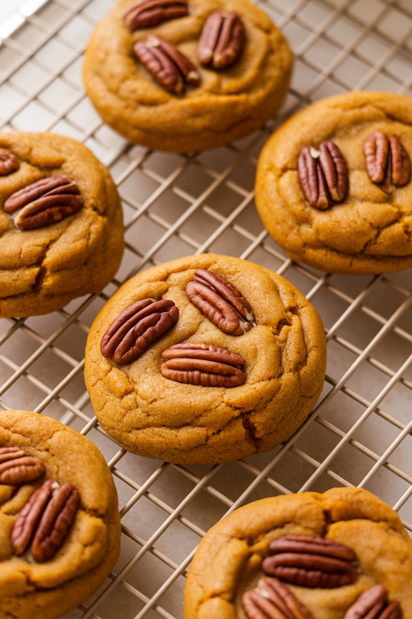 Photo of chewy pumpkin cookies with pecans scattered on top, indoor cooling rack, no logos or text.