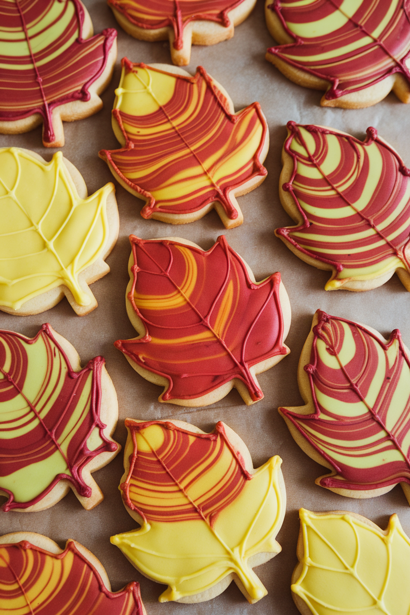 Indoor photo of leaf cookies swirled with red, orange, and yellow icing, arranged like fallen leaves on parchment, no text or logos.
