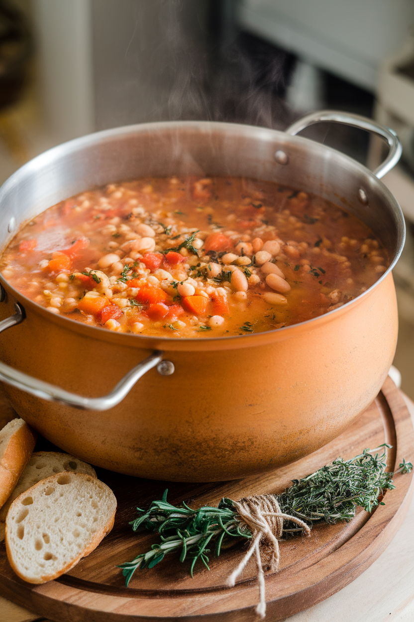 Photo, indoor soup pot filled with chunky bean and barley soup flecked with carrots and tomatoes; no text or logos.