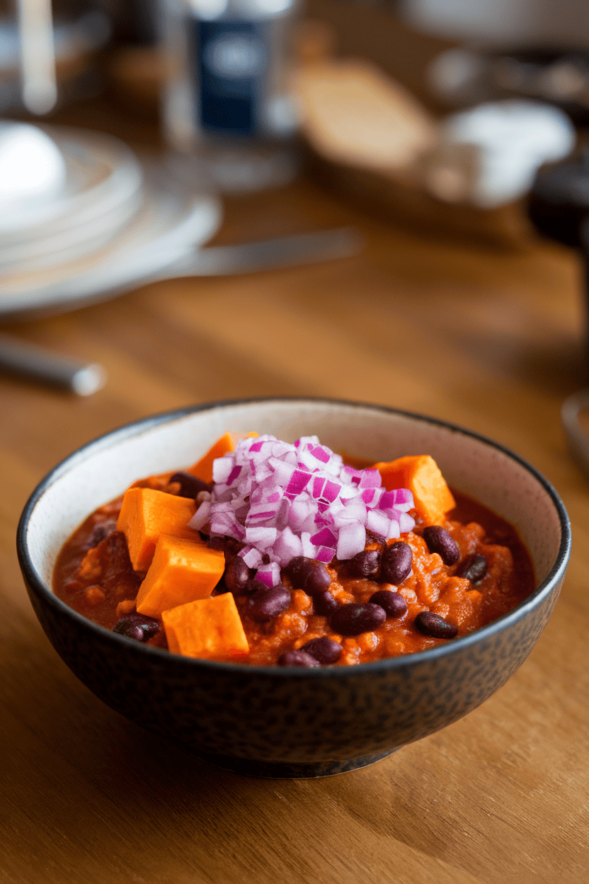 An indoor dining table with a bowl of chunky chili containing orange sweet potato cubes and black beans, topped with diced red onion. No text or logos.