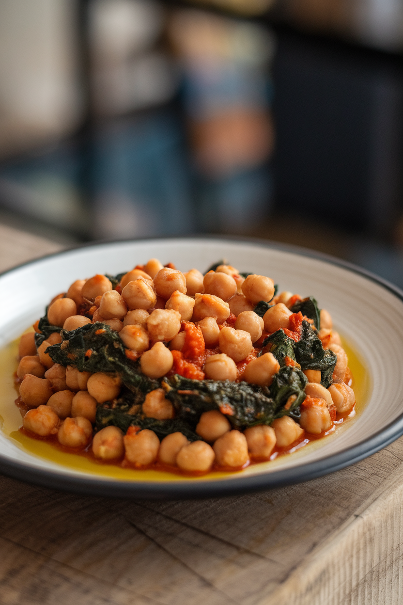 A tapas plate indoors featuring stewed chickpeas and spinach in smoky paprika sauce, drizzle of olive oil on top. No text or logos.