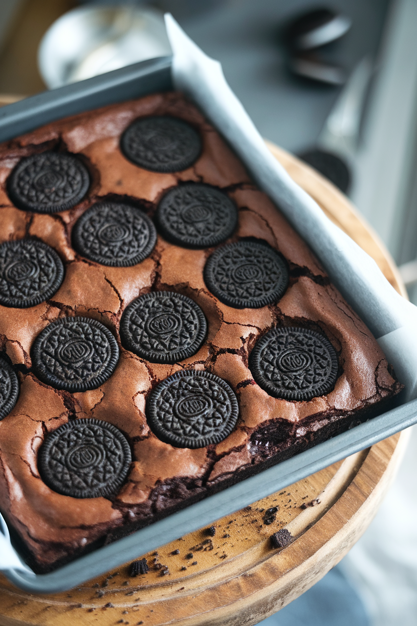 Indoor shot of brownies baked with whole Oreo cookies embedded, creating crater-like impressions on the surface; no text or logos