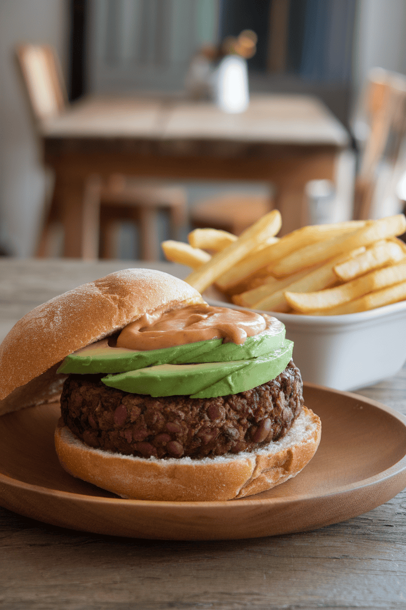 Indoor dining table with black bean burger patties topped with avocado slices and chipotle mayo on whole-wheat buns. No text or logos present. Photo, not illustration.