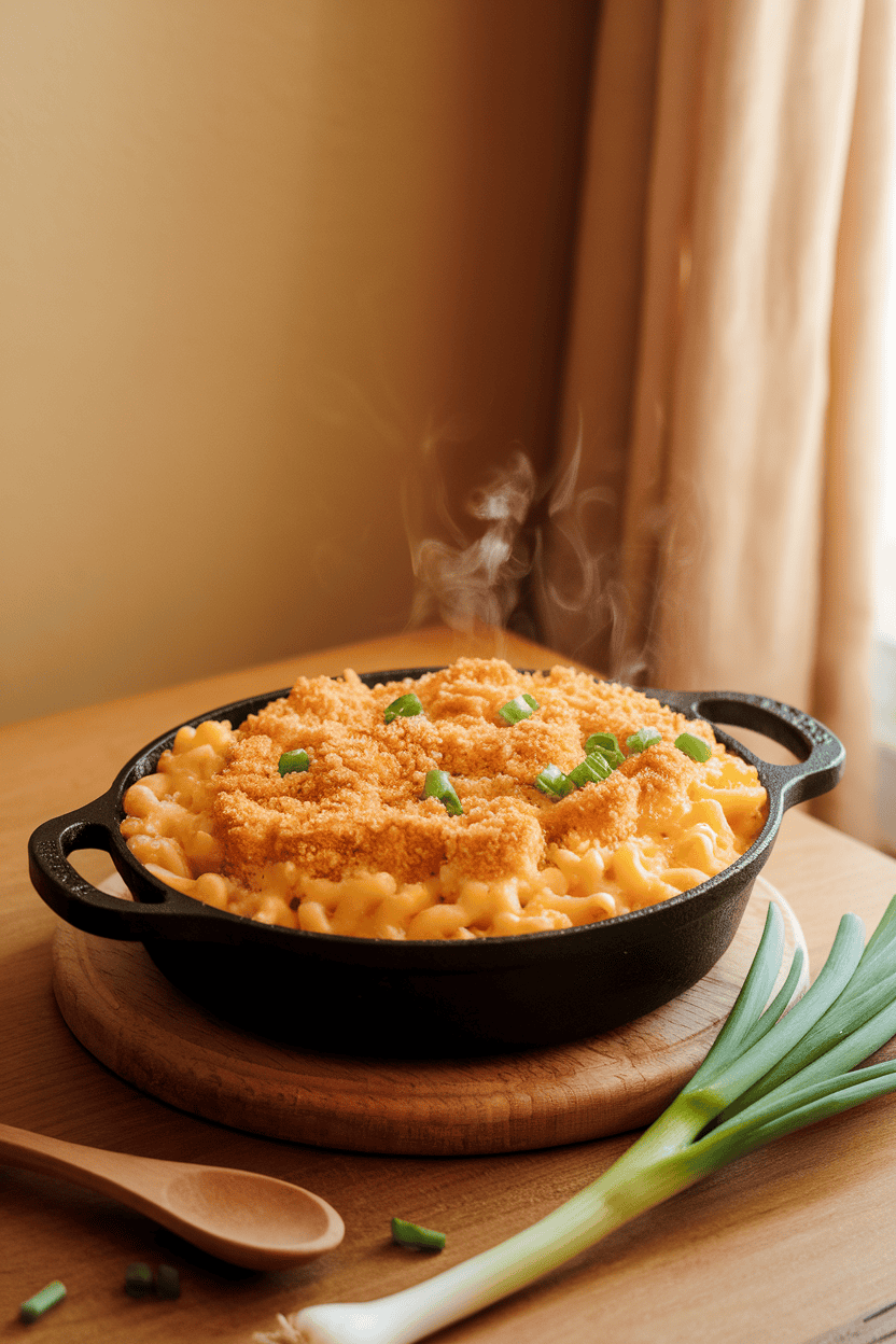 Warm indoor kitchen table showcasing a cast-iron dish of creamy mac and cheese with a golden breadcrumb crust, wisps of steam visible. No text or logos in scene. Photo, not illustration.
