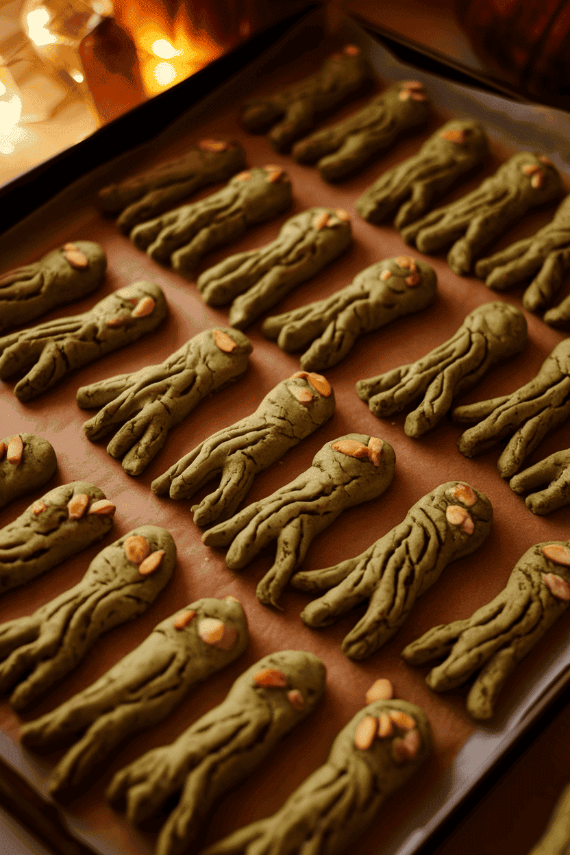 Indoor cookie sheet featuring almond-topped greenish shortbread sticks shaped like gnarled witch fingers. Warm indoor lighting, no text or logos.