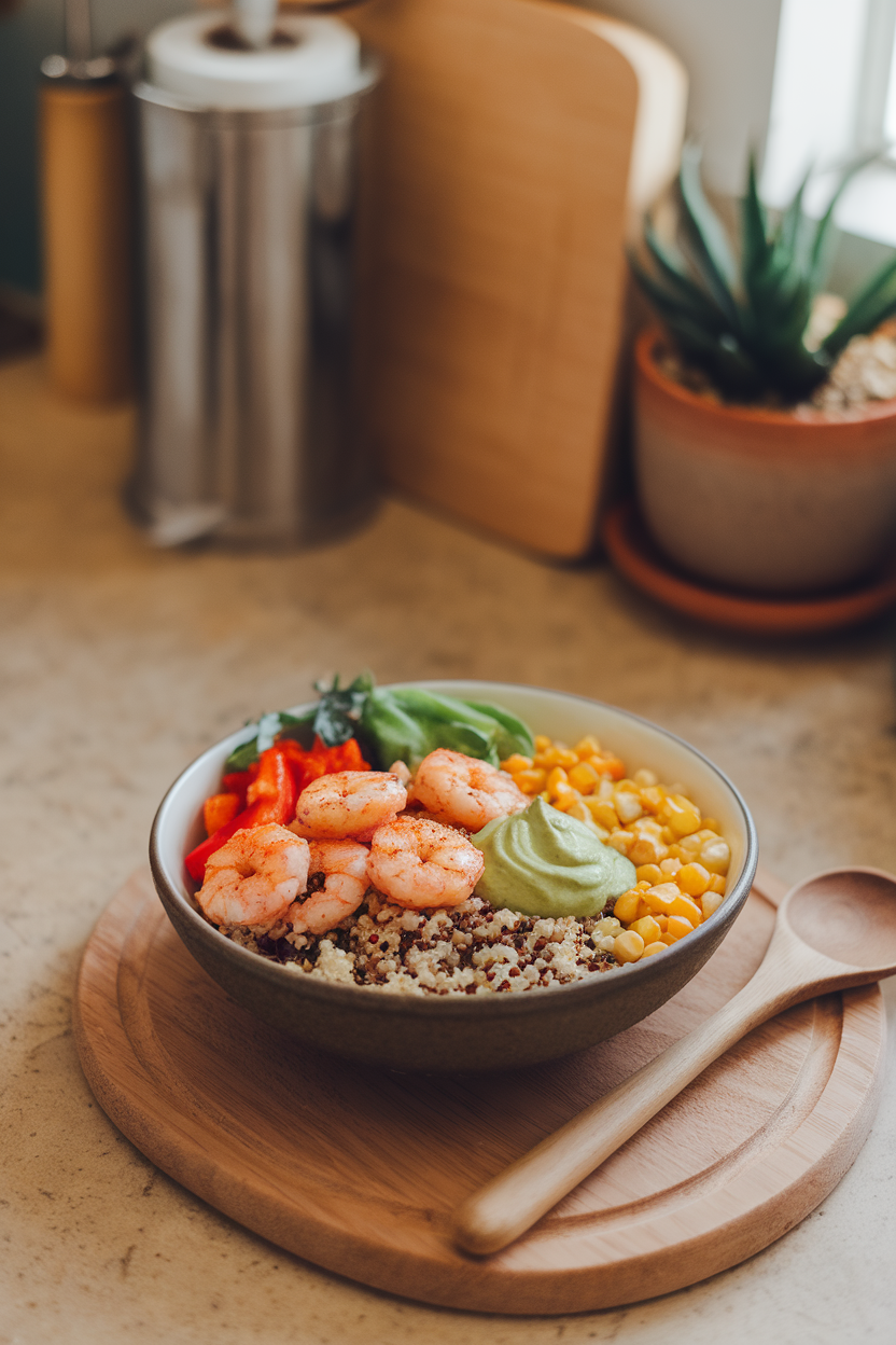Warm indoor countertop shot of a bowl holding quinoa, Cajun-spiced shrimp, sautéed bell peppers, corn, and avocado crema. No logos or text visible.