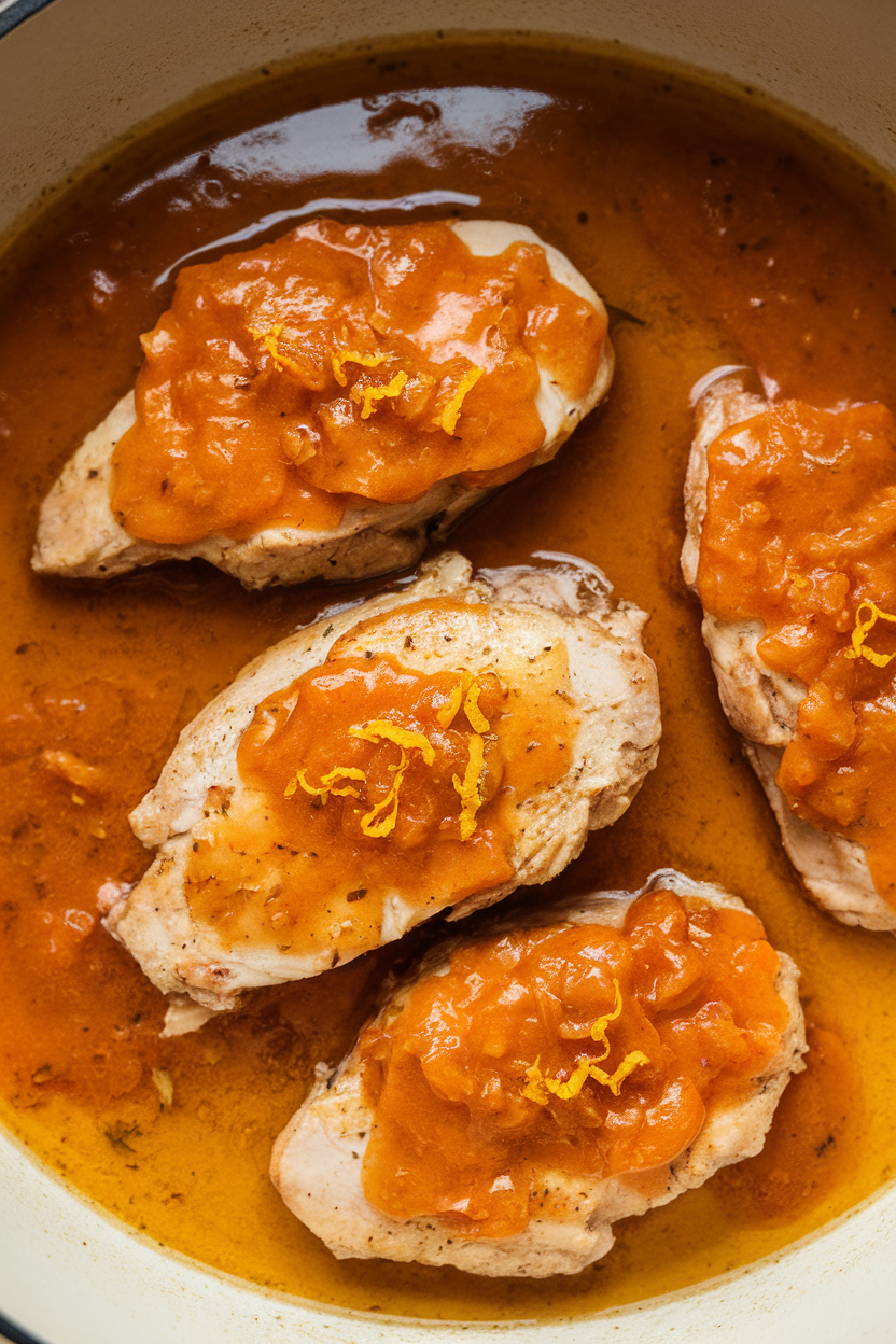 Indoor photo of chicken breast medallions in glossy orange-garlic sauce, sprinkled with zest; bright kitchen light, no text or logos