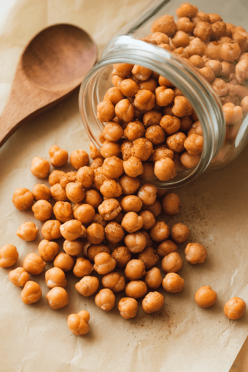 Indoor photo of crispy chickpeas spilling from a glass jar onto a sheet of parchment, seasoning visible. No logos or text.