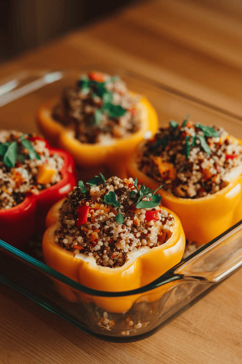 Warm indoor photo of halved bell peppers filled with colorful quinoa, vegetables, and herbs, set in a glass baking dish. No text or logos.