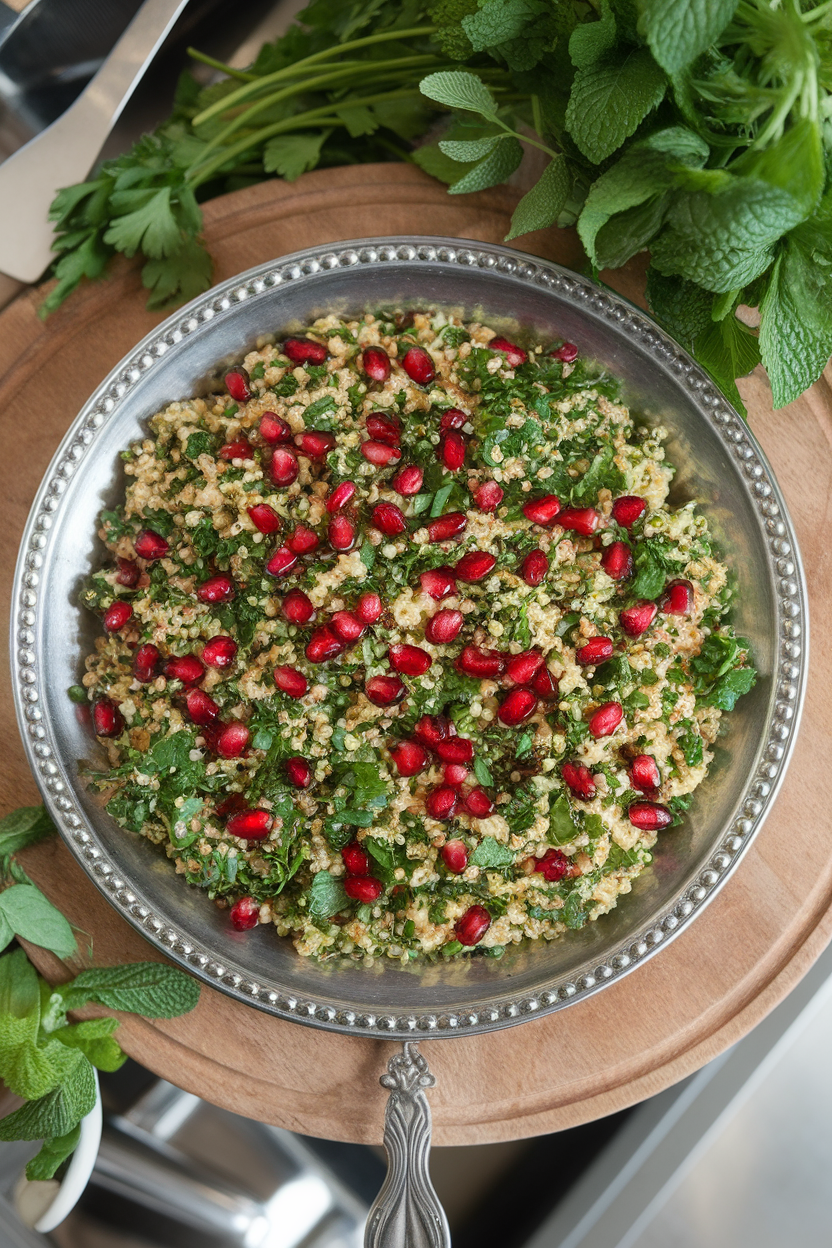 An indoor overhead shot of a serving platter scattered with ruby pomegranate seeds over bright green parsley-quinoa mix; no text or logos.
