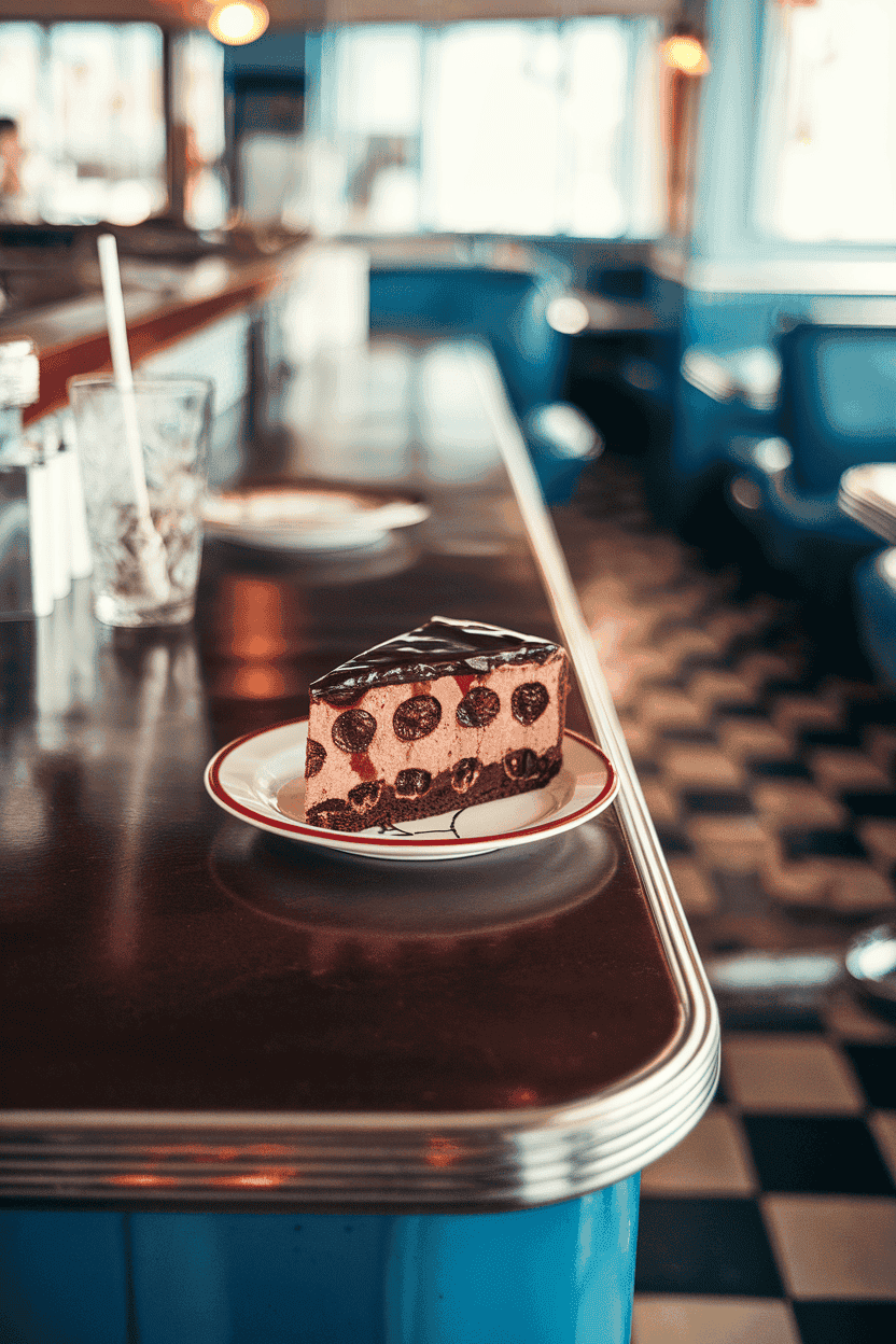 An indoor retro diner counter featuring a slice of chocolate cake with visible cherry pieces and a glossy cola glaze over the top. No text or logos. Photo.