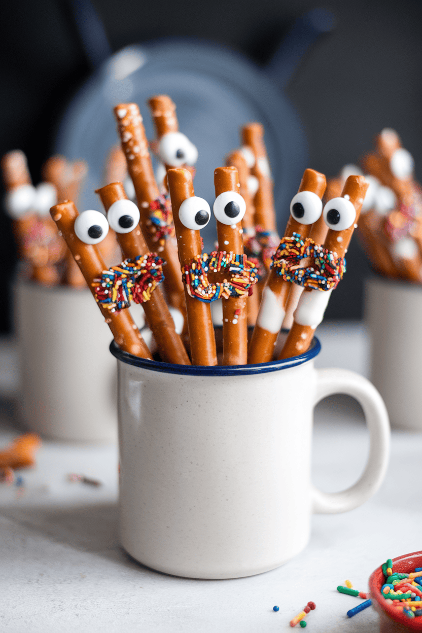 Indoor photo of white-chocolate-dipped pretzel rods decorated with sprinkle mouths and candy eyes, standing in a mug. Even lighting, no text or logos.