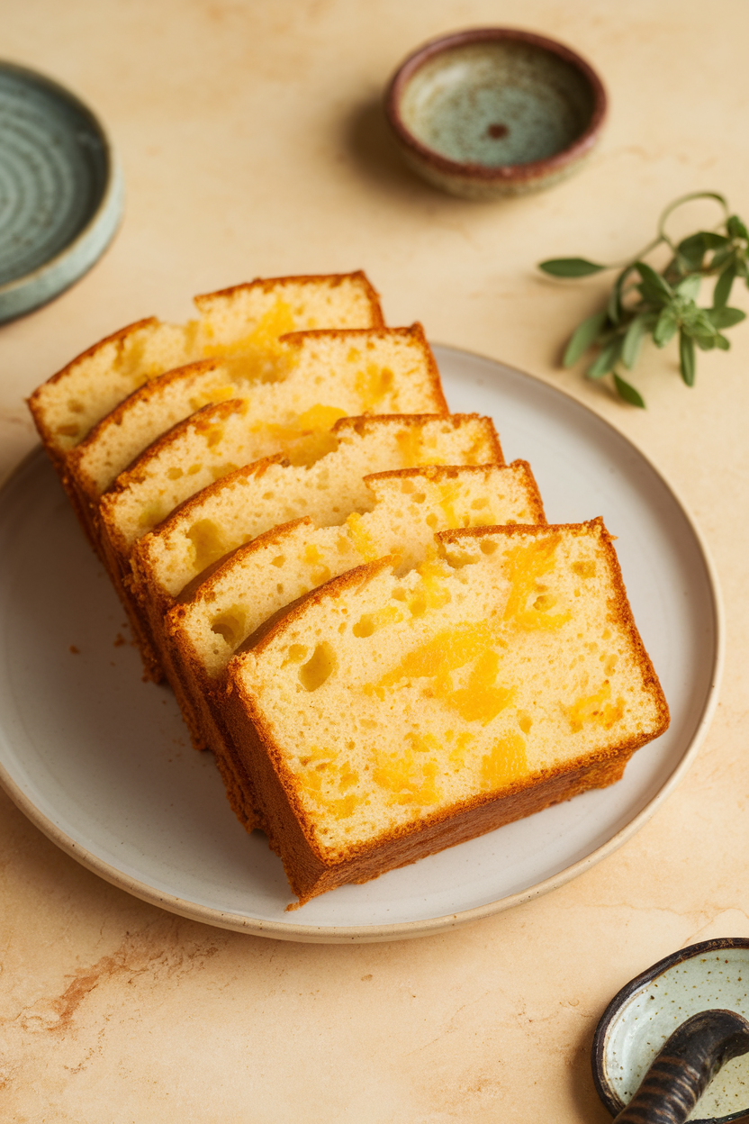 Photo of thin slices of olive oil loaf cake flecked with citrus zest, plated indoors on a dessert dish. No text or logos present.