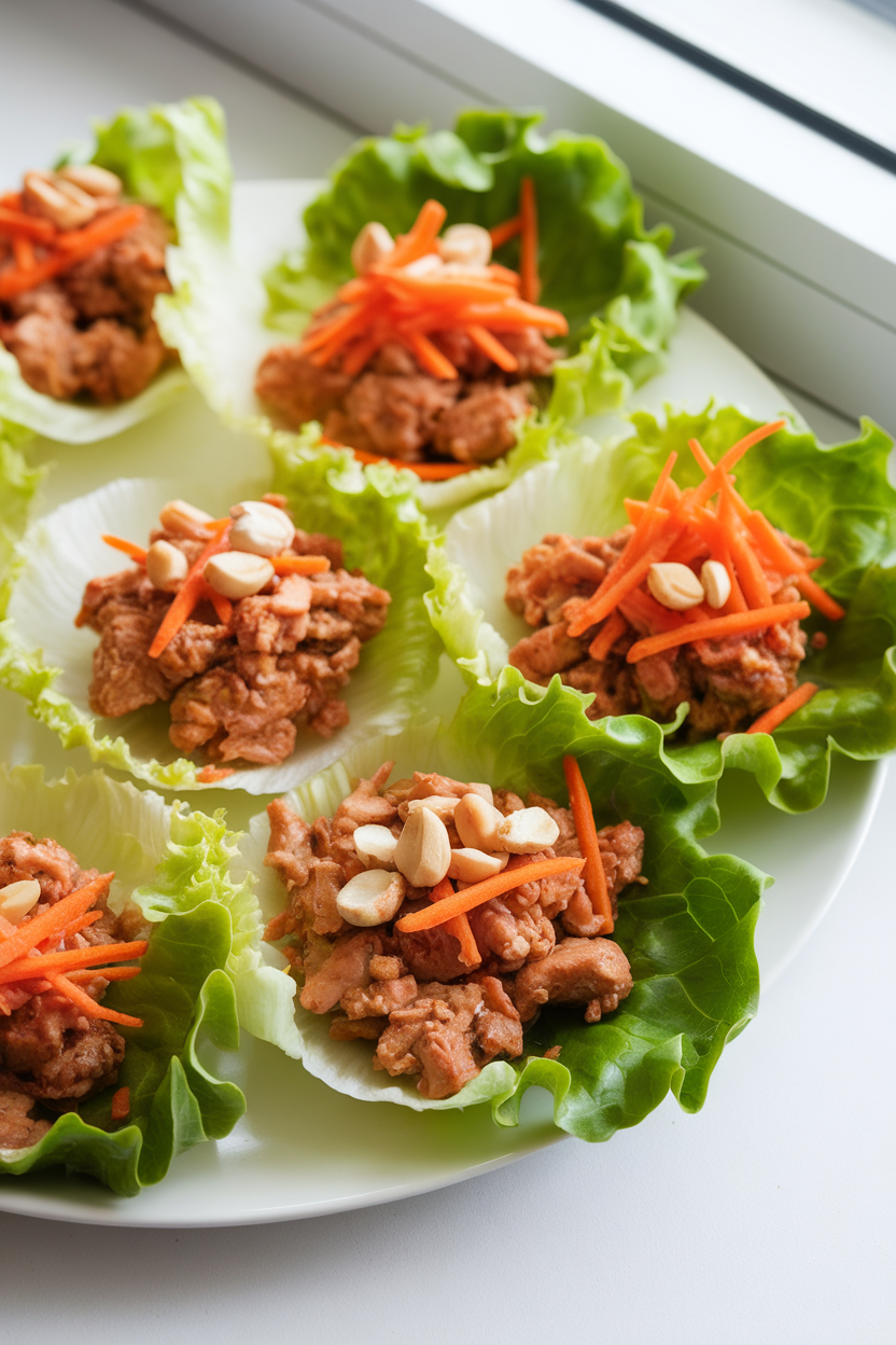 Indoor photo of garlic chicken mince in lettuce cups topped with shredded carrots and peanuts; bright countertop lighting, no text or logos
