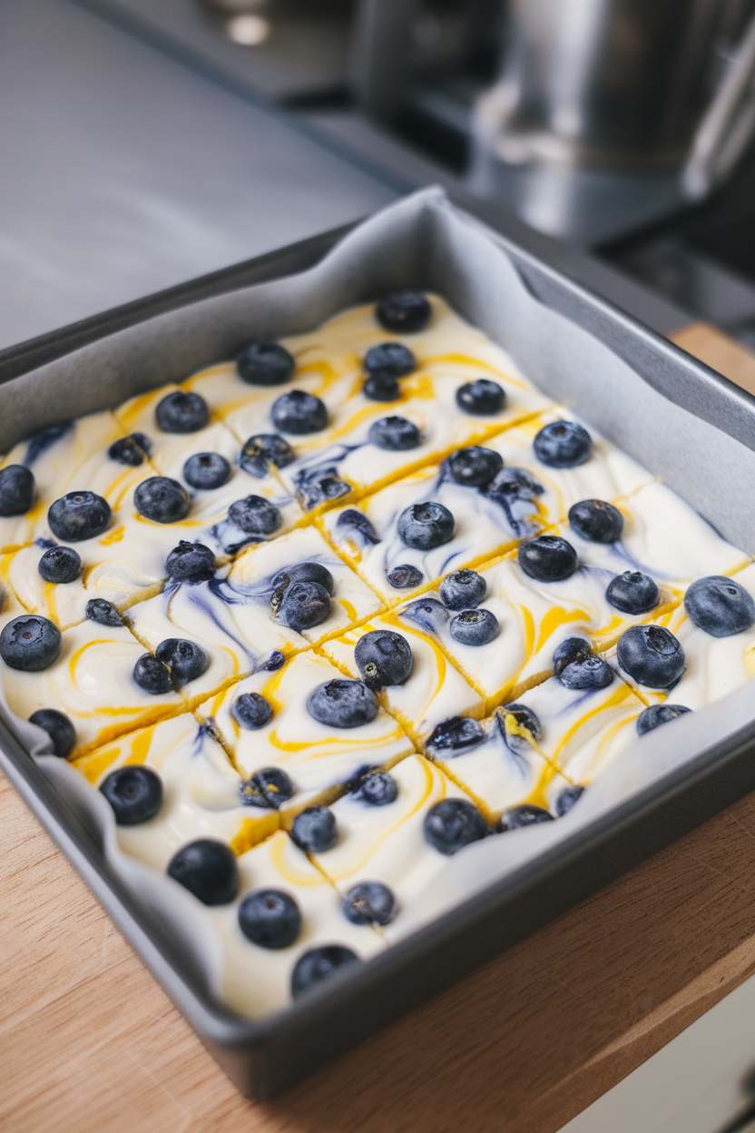 An indoor baking pan with creamy yogurt bars swirled with blueberries and streaks of lemon zest, cut into even squares. No text or logos.