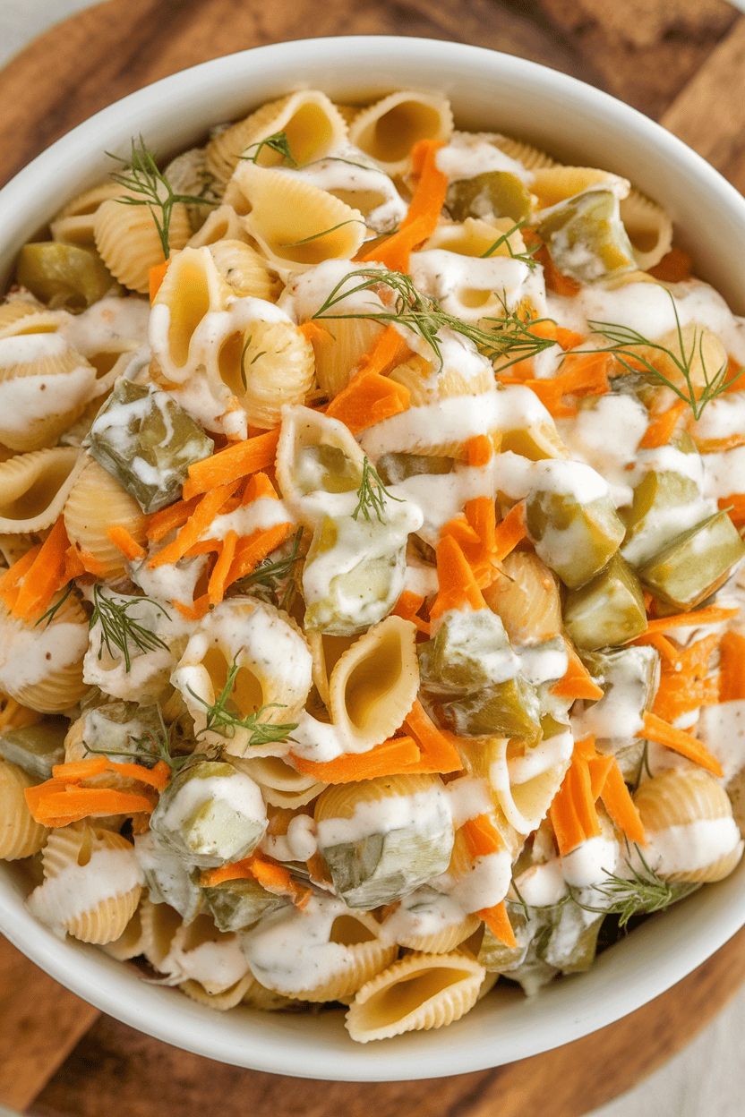 An indoor salad bowl brimming with shell pasta mixed with chopped dill pickles, shredded cheddar, and fresh dill, creamy dressing lightly visible. No text or logos; photo only.