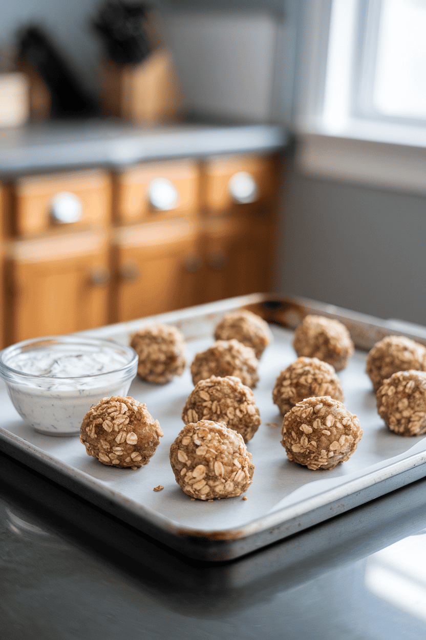 A baking sheet on an indoor counter holding golden oat-crusted turkey meatballs, a small bowl of yogurt herb dip beside. Photo only, no text or logos.