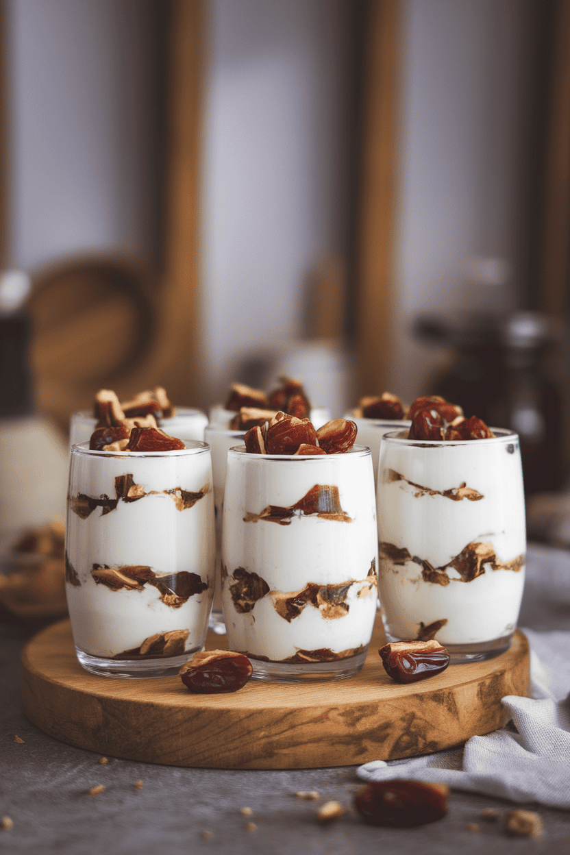 Indoor fridge scene with parfait glasses layered with Greek yogurt, chopped dates, and vanilla bean specks, no branding