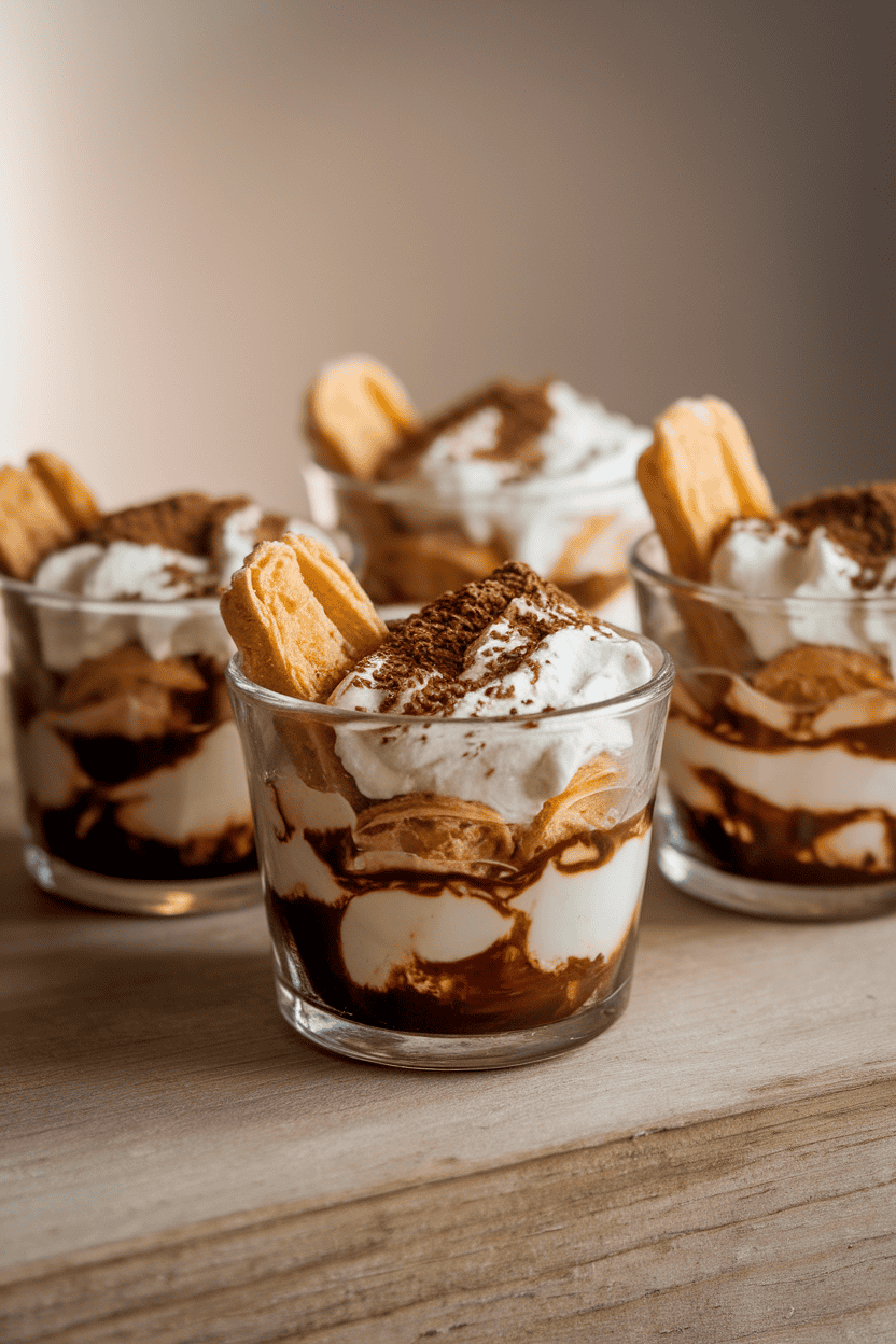 Indoor photo of small glass bowls with layers of coffee-soaked ladyfingers, mascarpone cream, and cocoa dusting, no text or logos